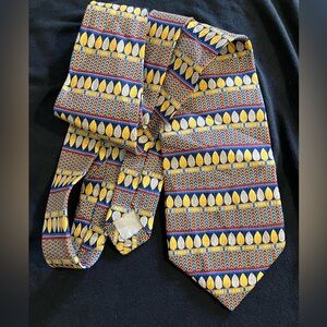 Vintage Silk Navy and Gold Patterned Men's Tie with Red Accents
